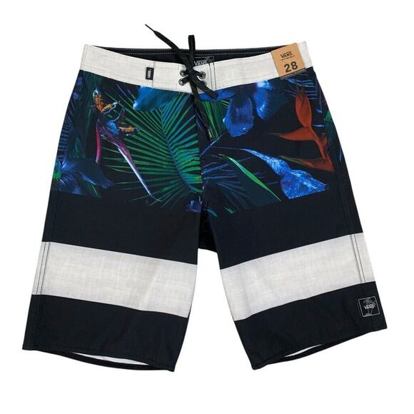 Vans Board Shorts Mens 28 Black Paradise Jungle Floral Print Stripes Swim Surf - Picture 1 of 13